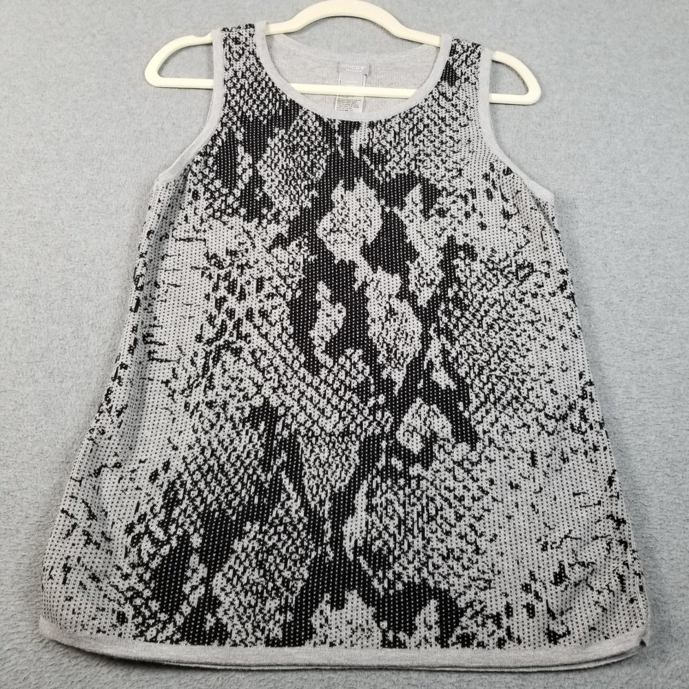 Chico's Zenergy Tank Top Womens 1 Medium Gray Black Snakeskin Print Knit Stretch